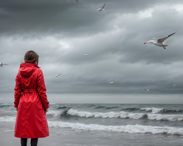 Person in Red Raincoat on Beach with Gray Waves