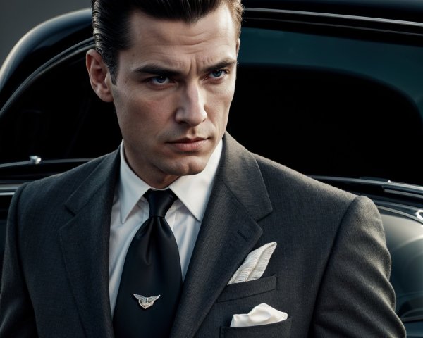 Sophisticated Man in Tailored Suit Beside Classic Car