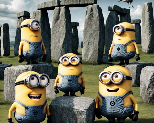 Cheerful Minions at Stonehenge with Dramatic Clouds
