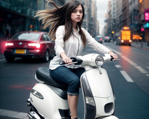 Young woman riding white scooter in busy city street