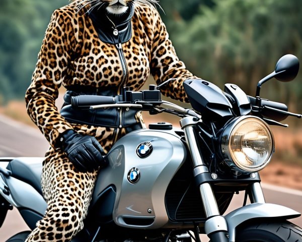 Leopard-Print Jumpsuit Rider on BMW Motorcycle
