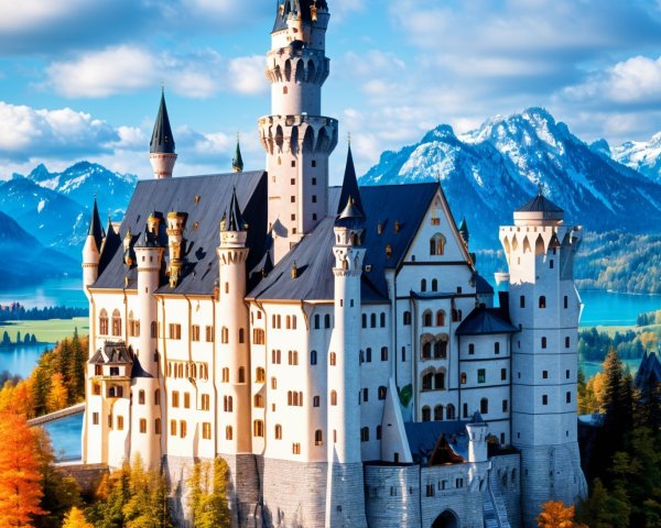 Majestic Castle Surrounded by Autumn Foliage and Mountains