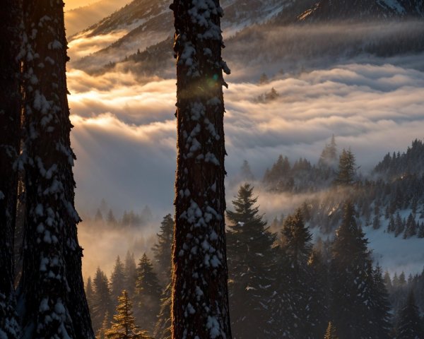 Winter Landscape with Snow-Covered Trees and Mist