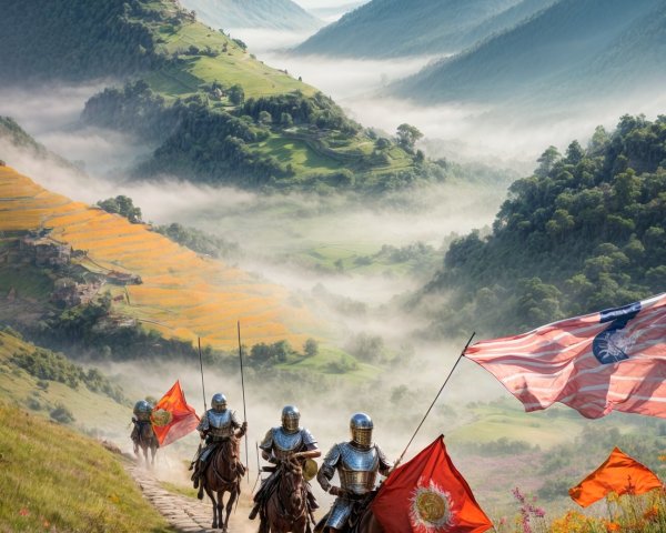 Armored Knights on Horseback in Lush Valley Landscape