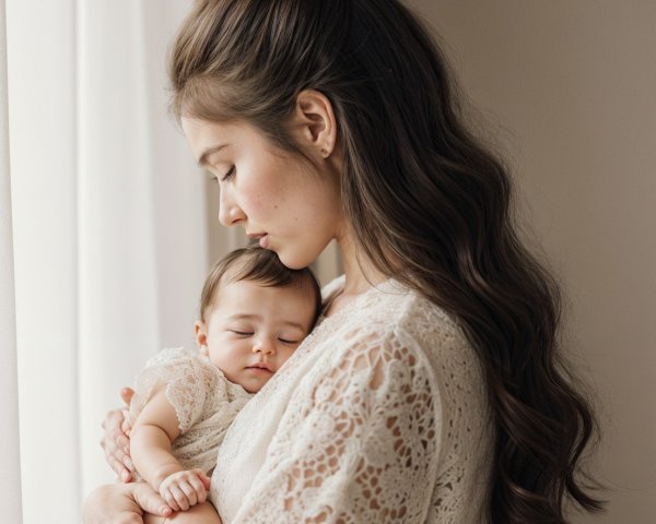 Mother Cradling Sleeping Baby in Serene Setting