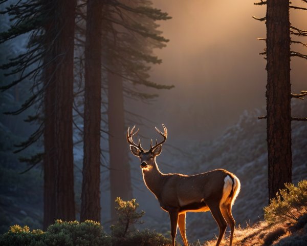 Majestic deer in sunlit forest with golden light