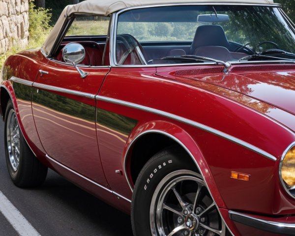 Classic Red Convertible Car on Tree-Lined Road