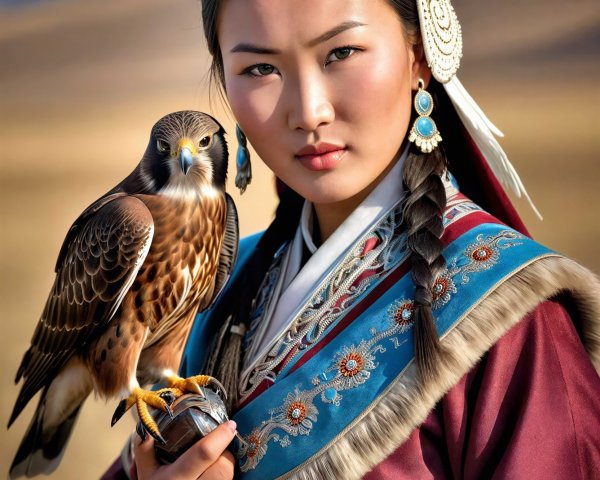 Mongolian Woman in Traditional Attire with Falcon