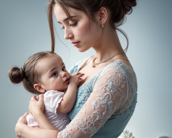 Young Woman in Blue Gown Holding Baby with Tiara