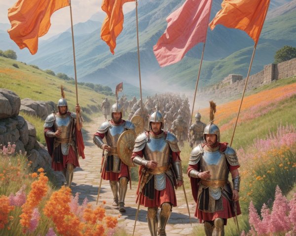 Armored Soldiers Marching Along Scenic Flower Path