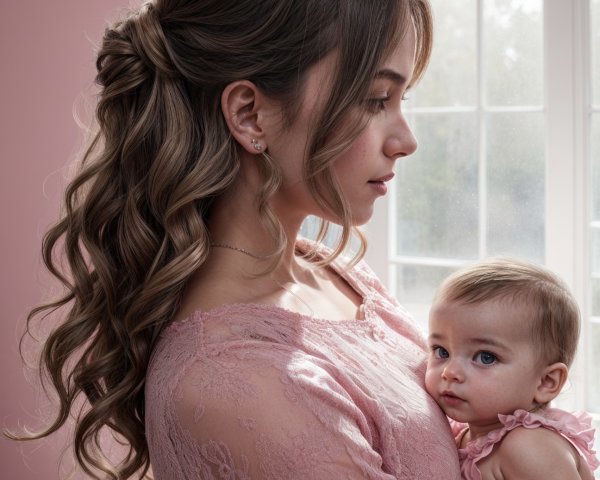 Young woman in pink dress holds baby in warm light