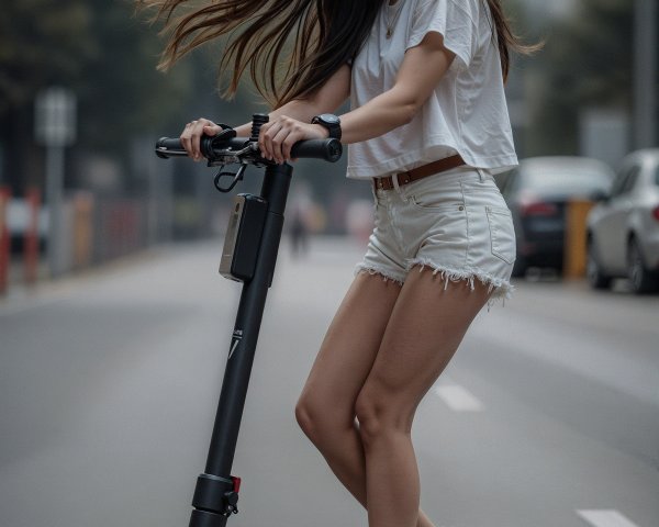 Young woman riding electric scooter in city street