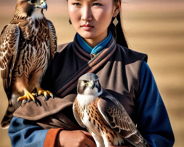 Young Asian woman falconer with two falcons in portrait