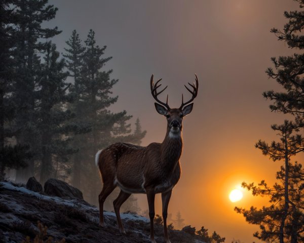 Majestic Stag on Foggy Hillside at Dawn