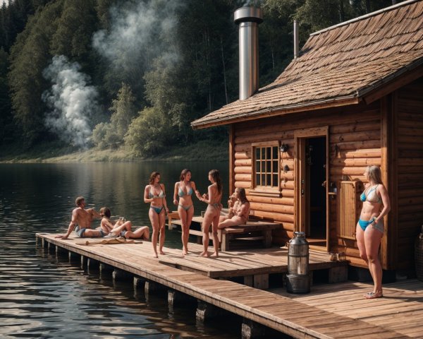 Wooden cabin by lakeside with people enjoying nature