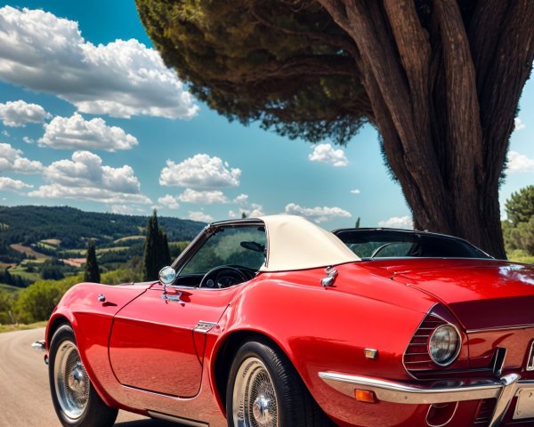 Red Convertible on Winding Road with Green Hills
