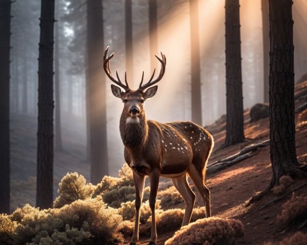 Majestic Deer in Serene Forest with Sunlight Filtering