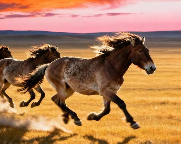 Wild Horses Galloping on Grassy Plain at Sunset