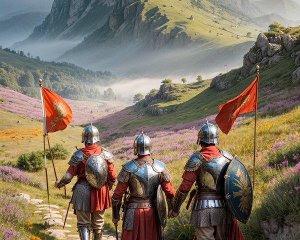 Armored Knights Walking on Stone Path to Mountains