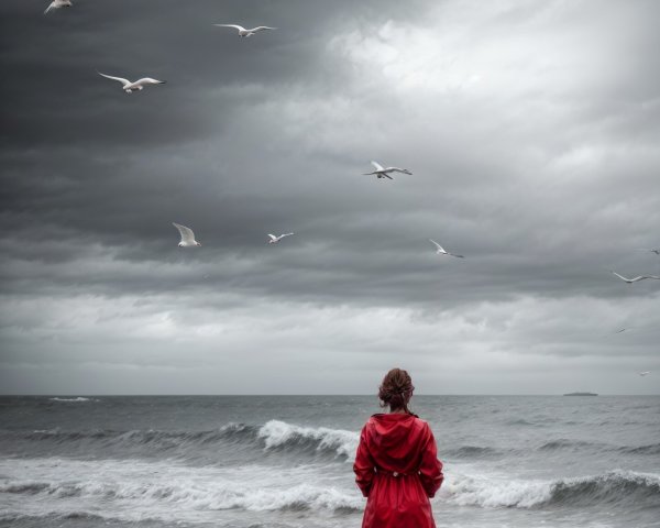 Figure in Red Coat at Stormy Beach with Dark Clouds