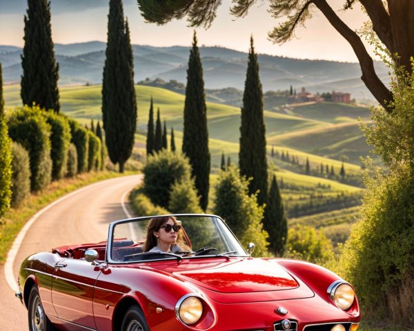 Red Convertible Car on Scenic Winding Road