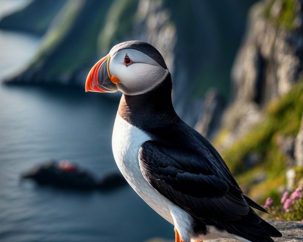 Puffin on Rocky Cliff with Ocean and Green Hills