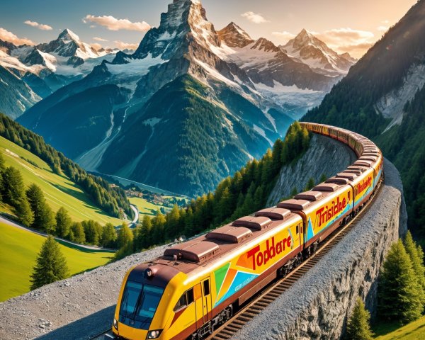 Vibrant Yellow Train in Scenic Mountain Landscape