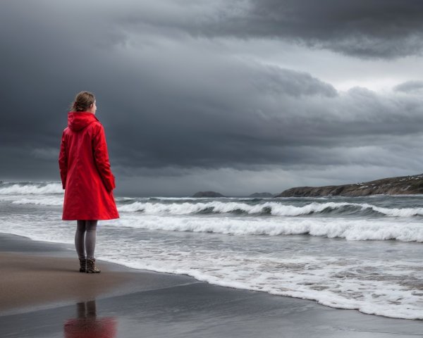 Solitary Figure in Red Coat on Windswept Beach