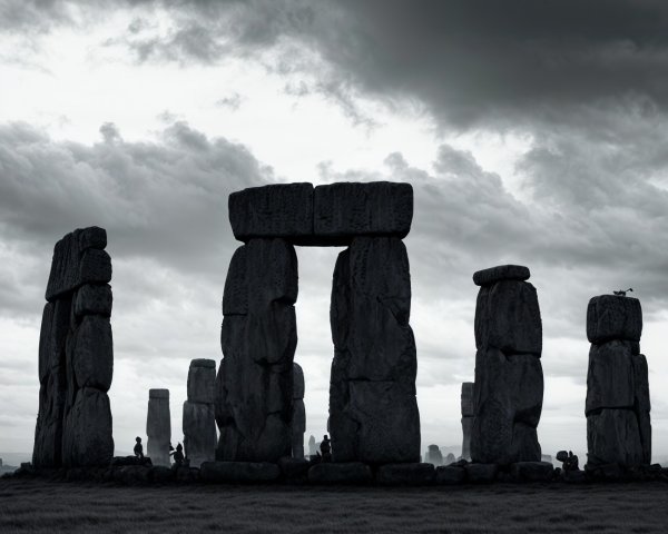 Monochrome Stonehenge Scene with Dramatic Sky