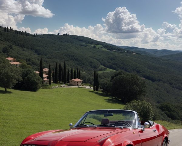 Vintage Red Convertible on Scenic Road with Hills