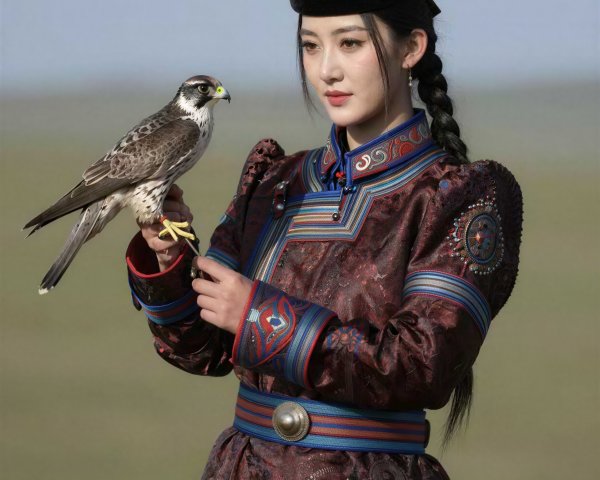 Young Woman in Traditional Mongolian Attire with Falcon