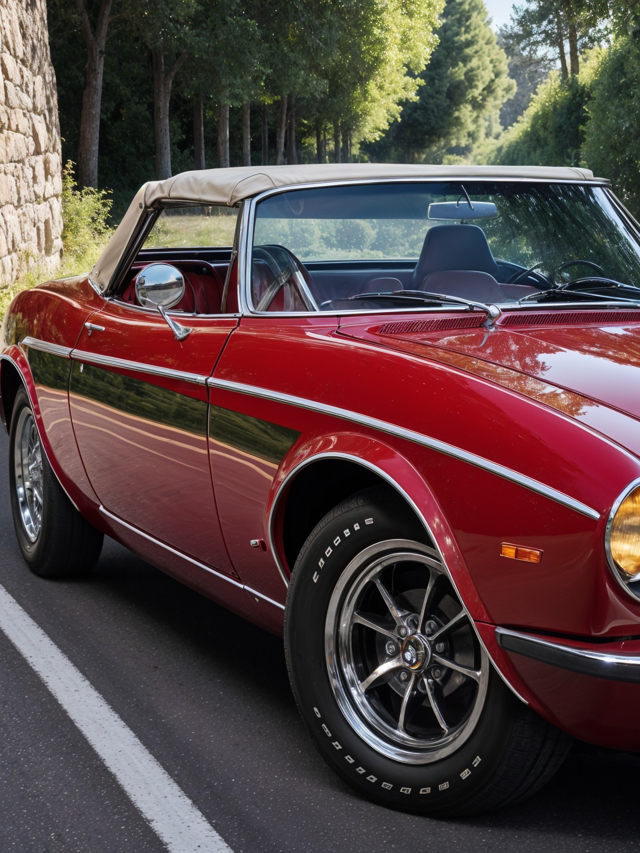 Classic Red Convertible Car on Tree-Lined Road