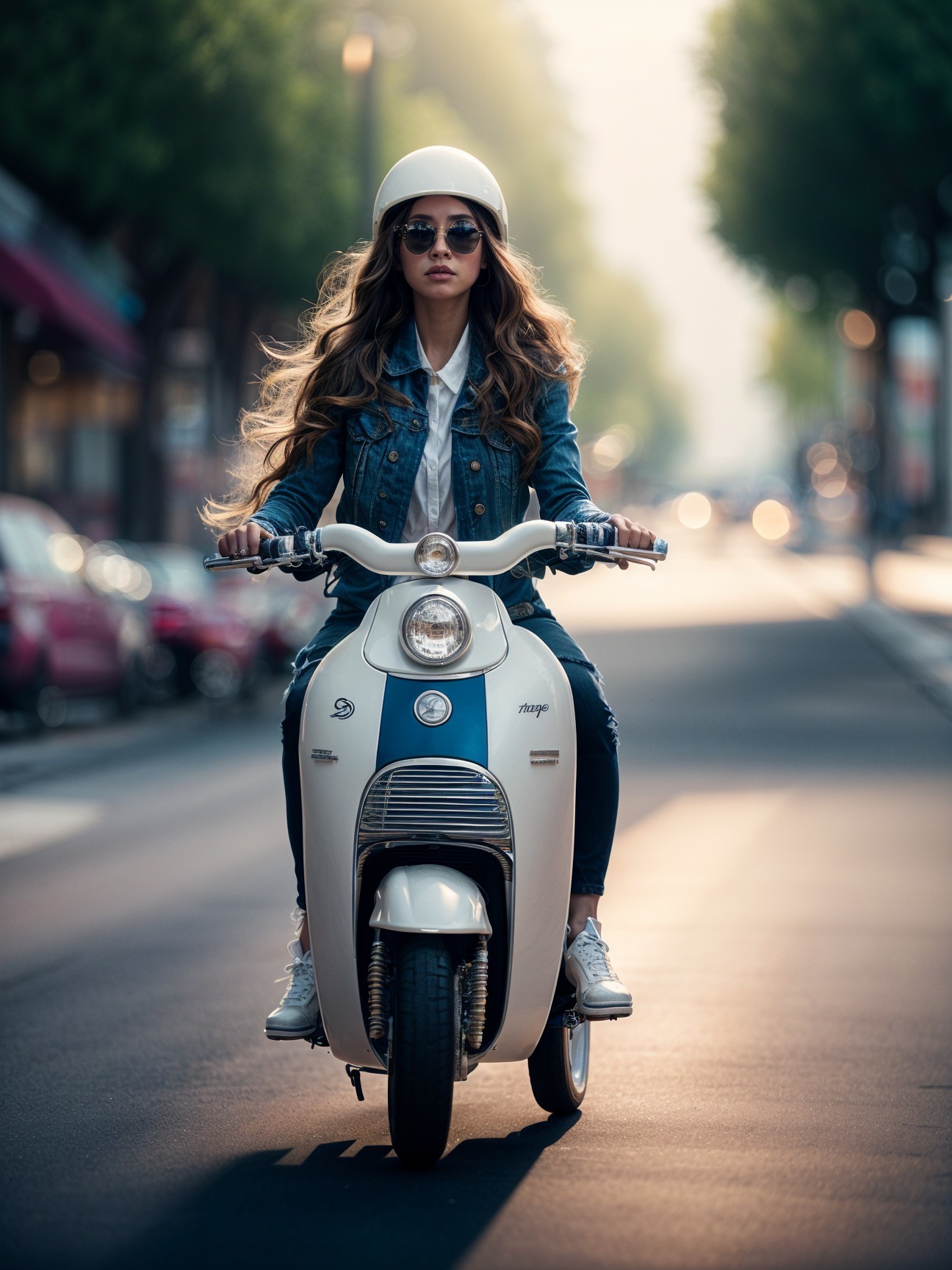 Young Woman on Vintage Scooter in Sunlit Street