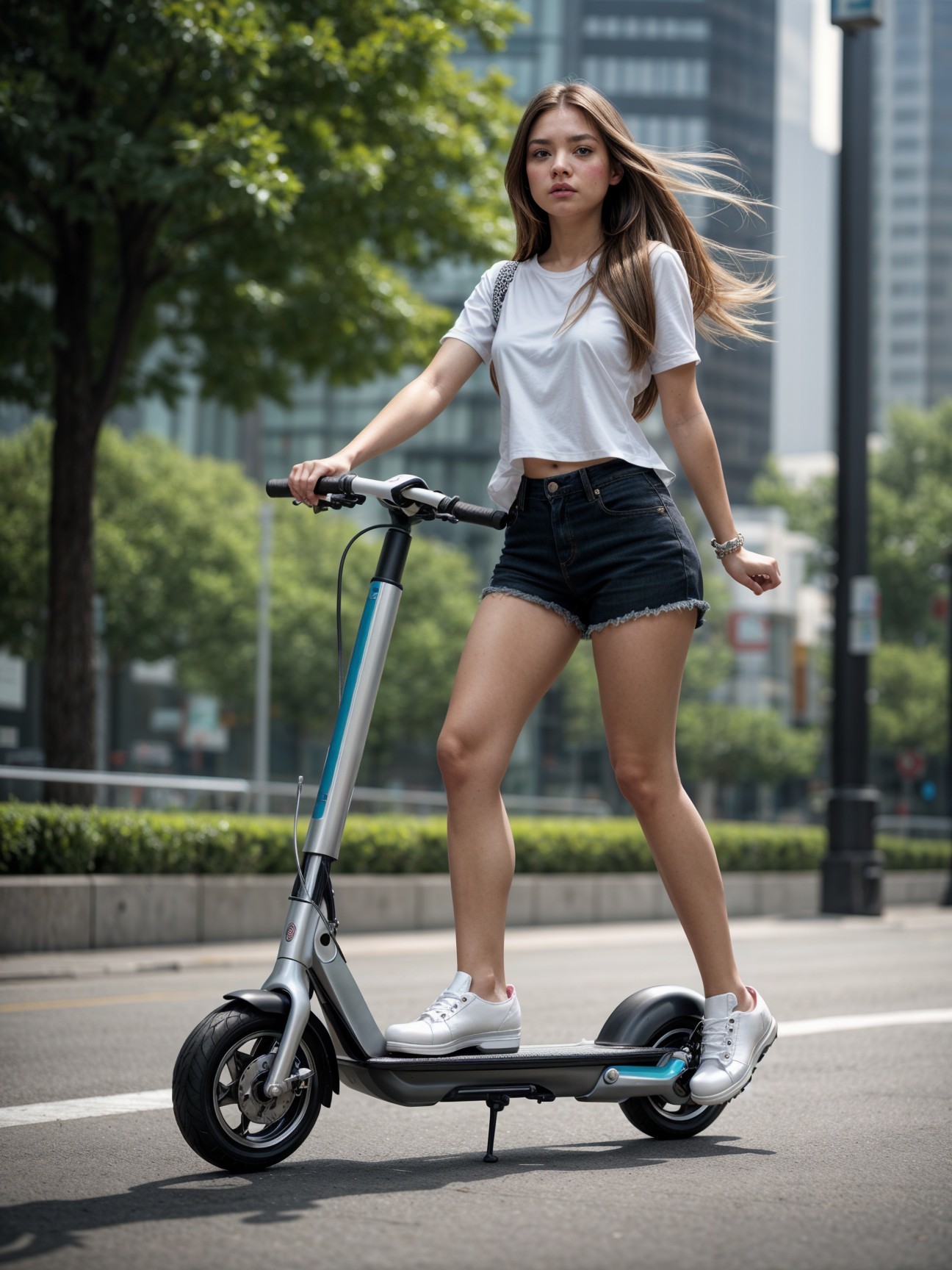 Young Woman on Electric Scooter in Urban Setting