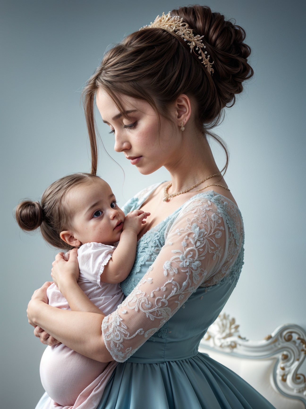 Young Woman in Blue Gown Holding Baby with Tiara
