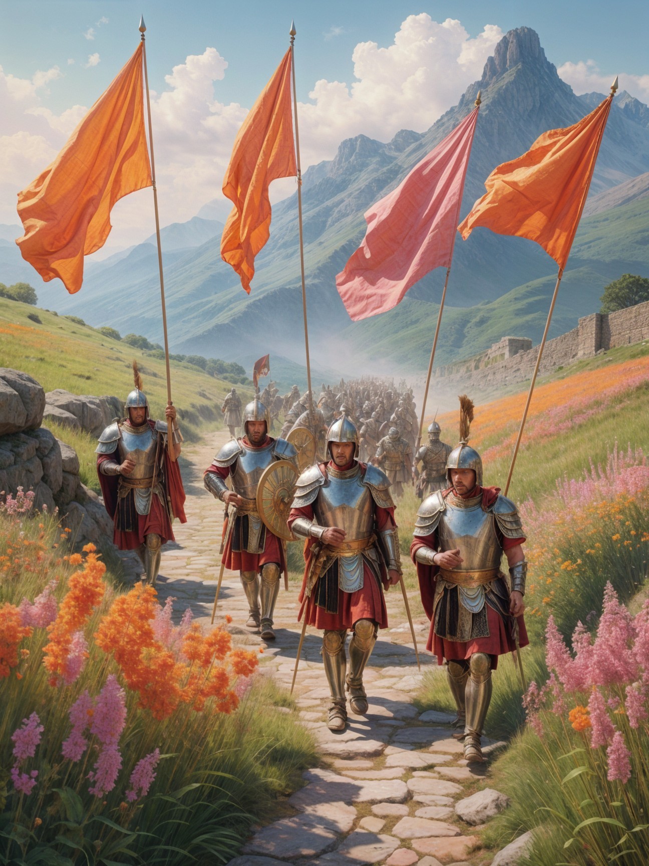 Armored Soldiers Marching Along Scenic Flower Path