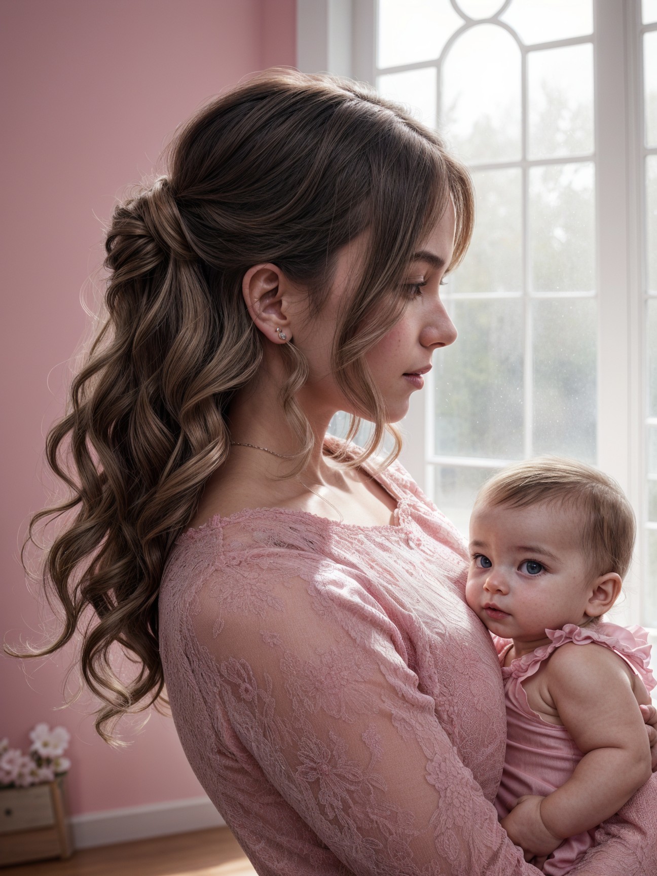Young woman in pink dress holds baby in warm light