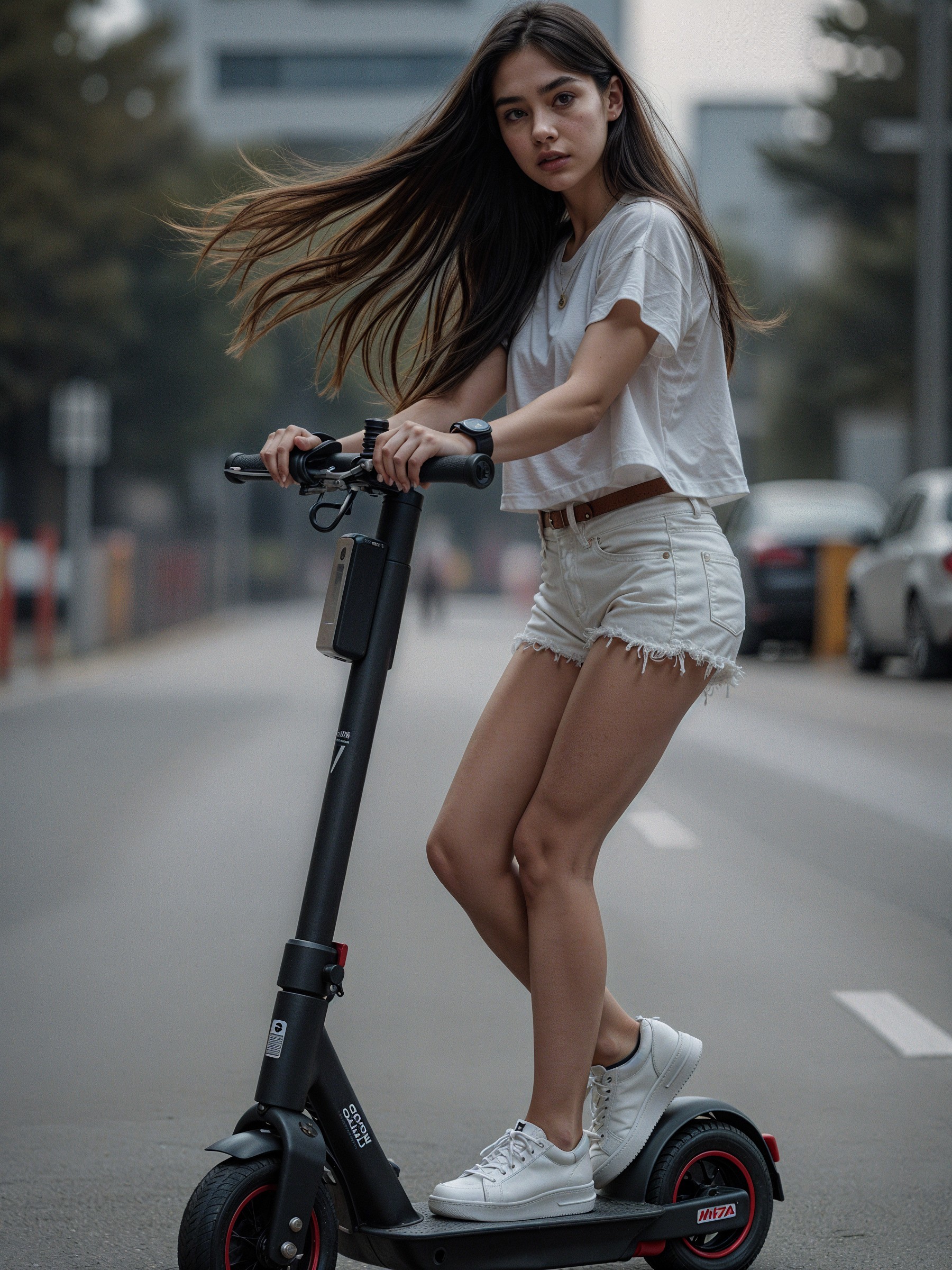 Young woman riding electric scooter in city street