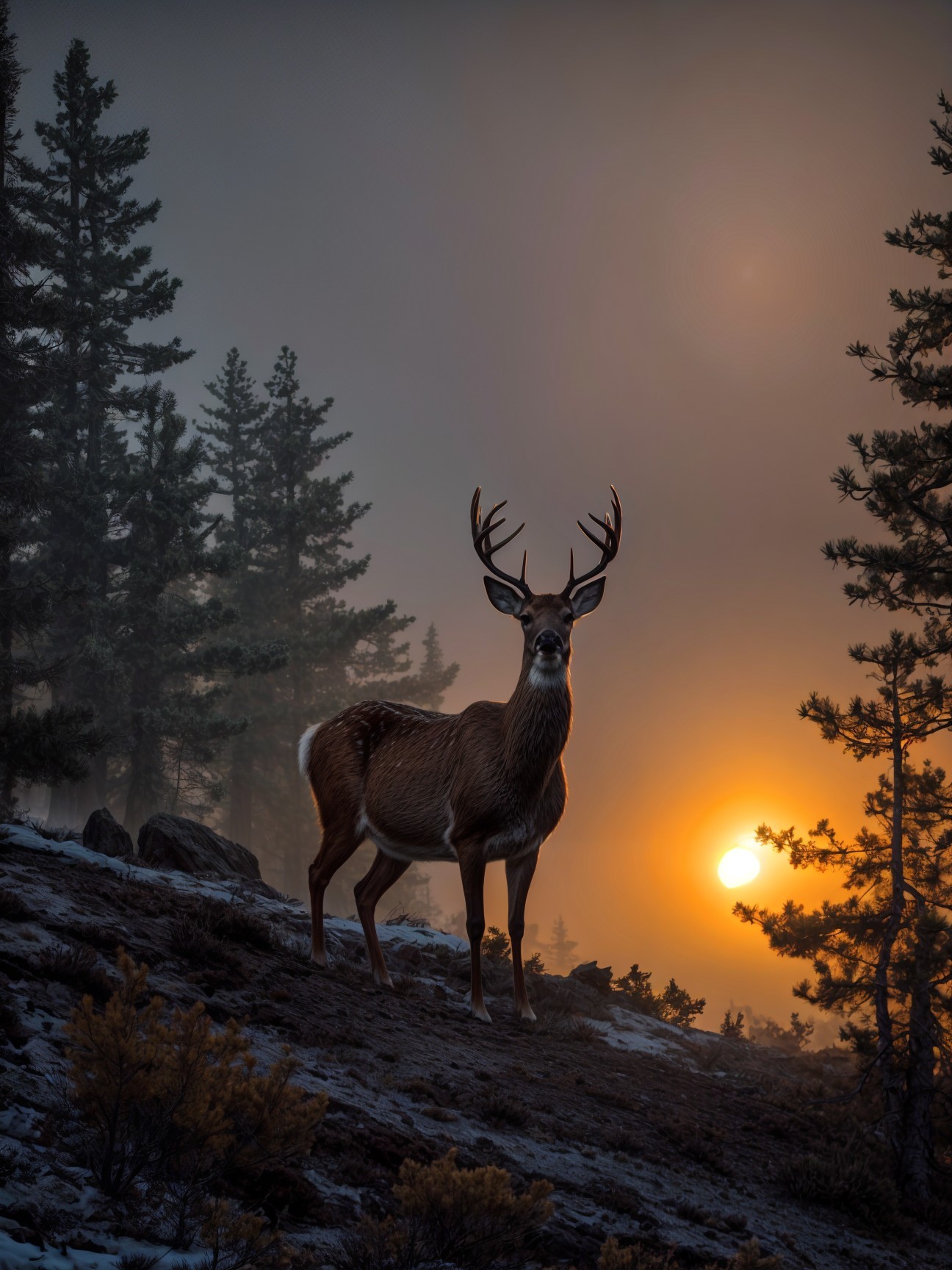 Majestic Stag on Foggy Hillside at Dawn