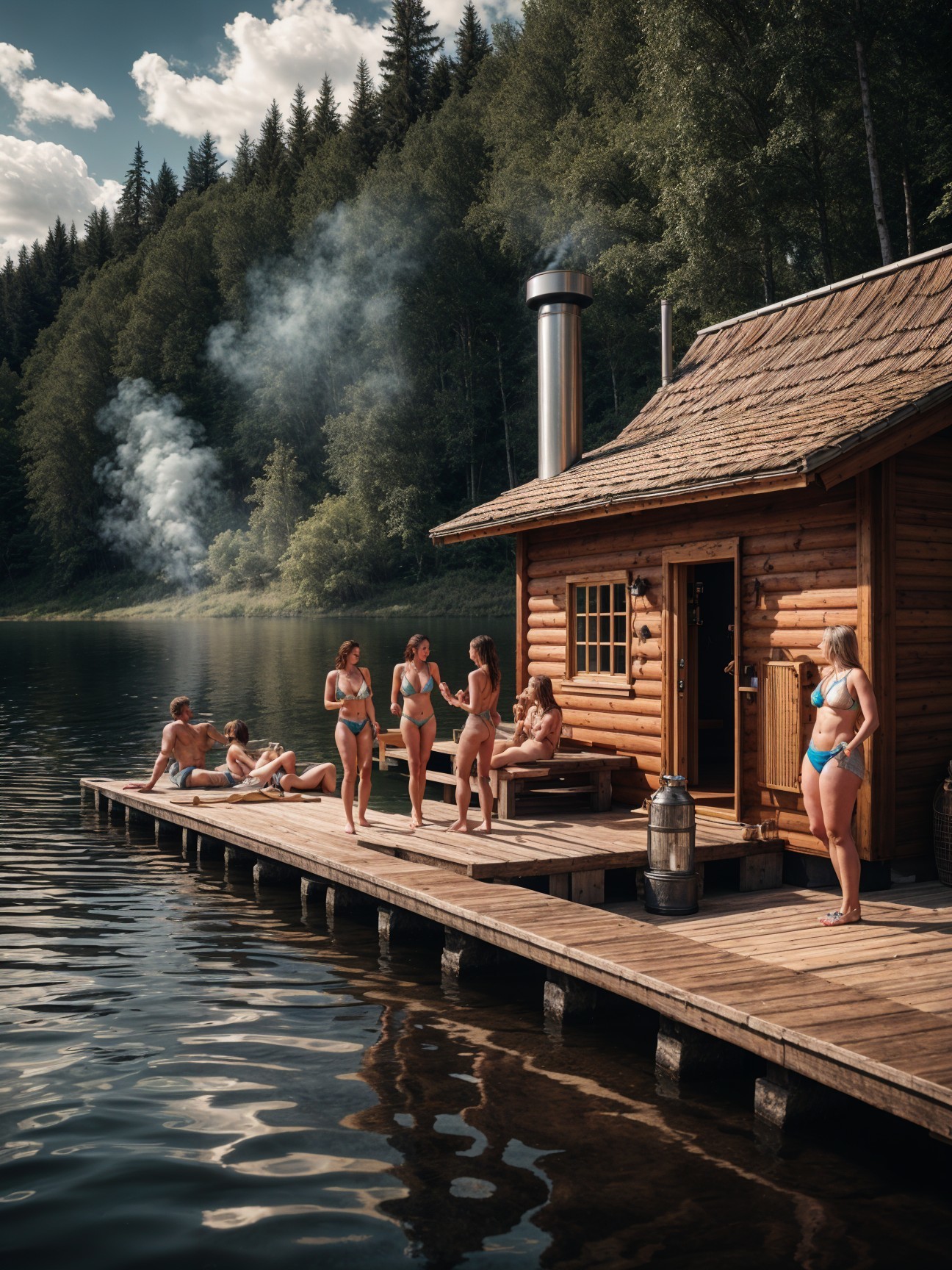 Wooden cabin by lakeside with people enjoying nature