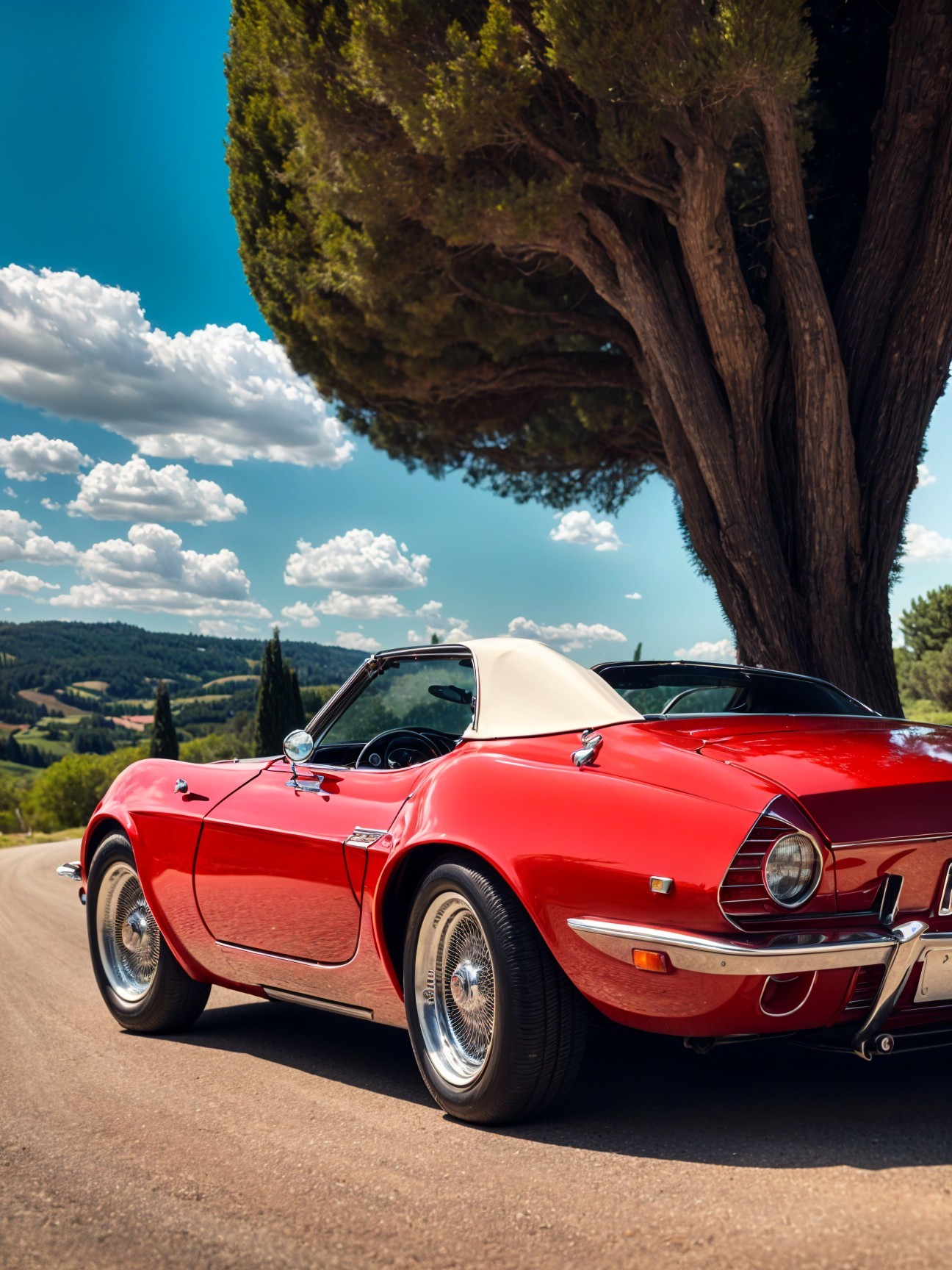 Red Convertible on Winding Road with Green Hills