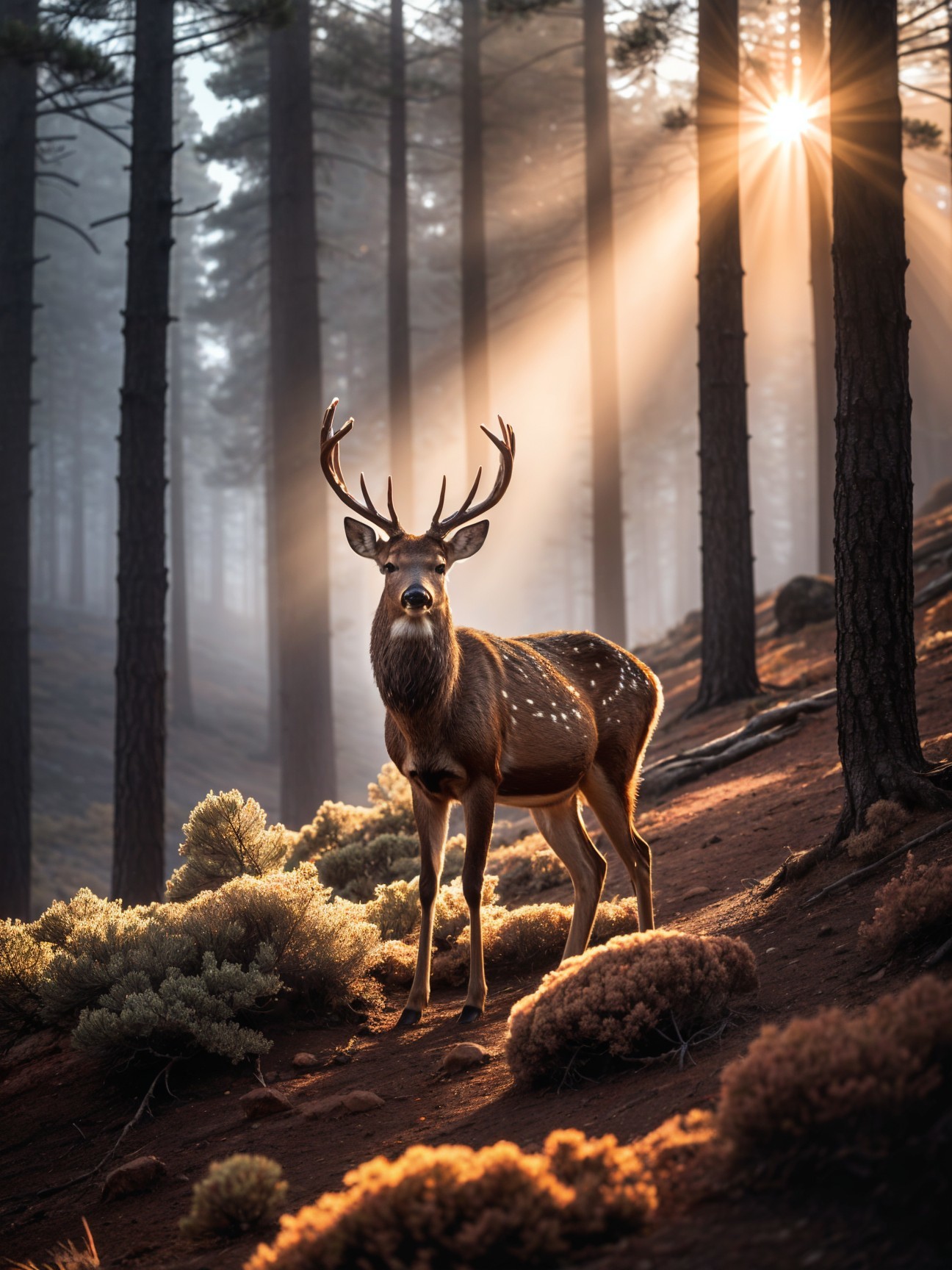 Majestic Deer in Serene Forest with Sunlight Filtering