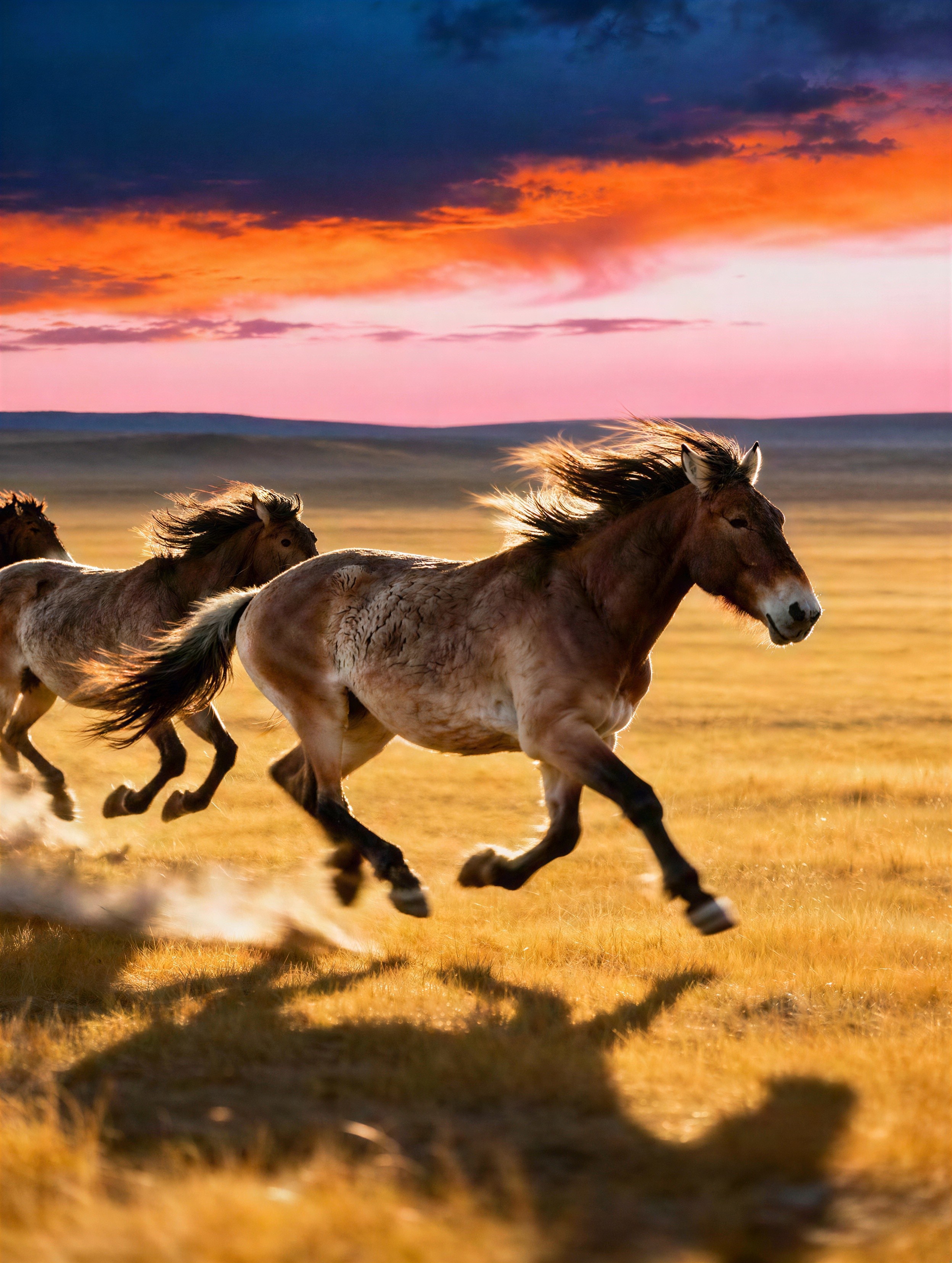 Wild Horses Galloping on Grassy Plain at Sunset