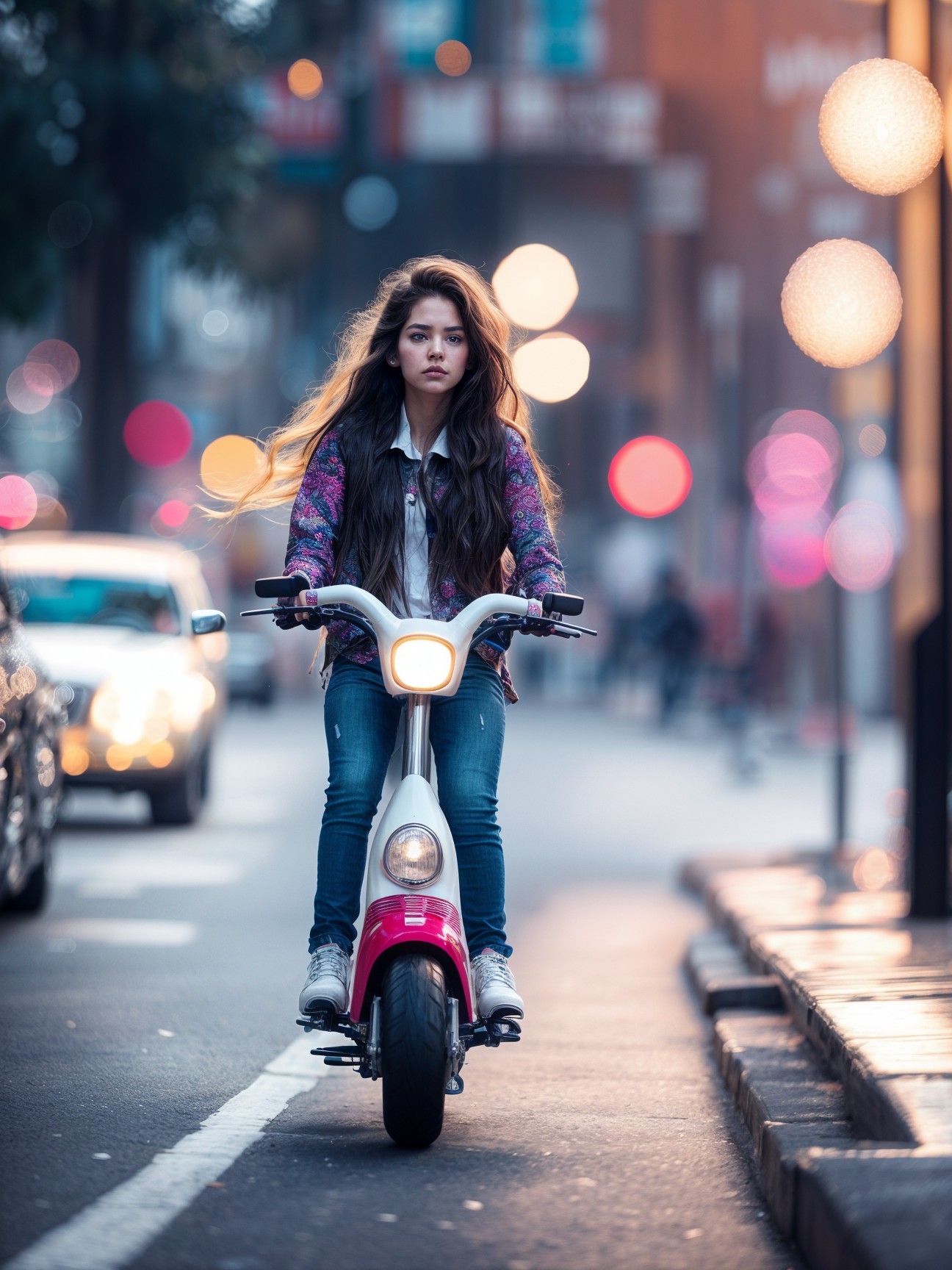 Young Woman Riding Modern Scooter in Urban Scene