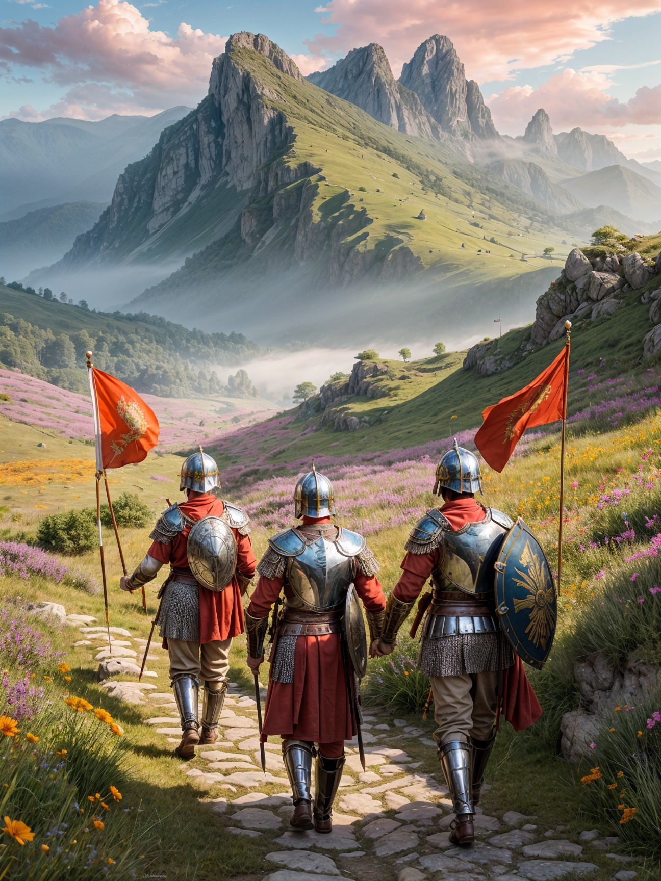 Armored Knights Walking on Stone Path to Mountains