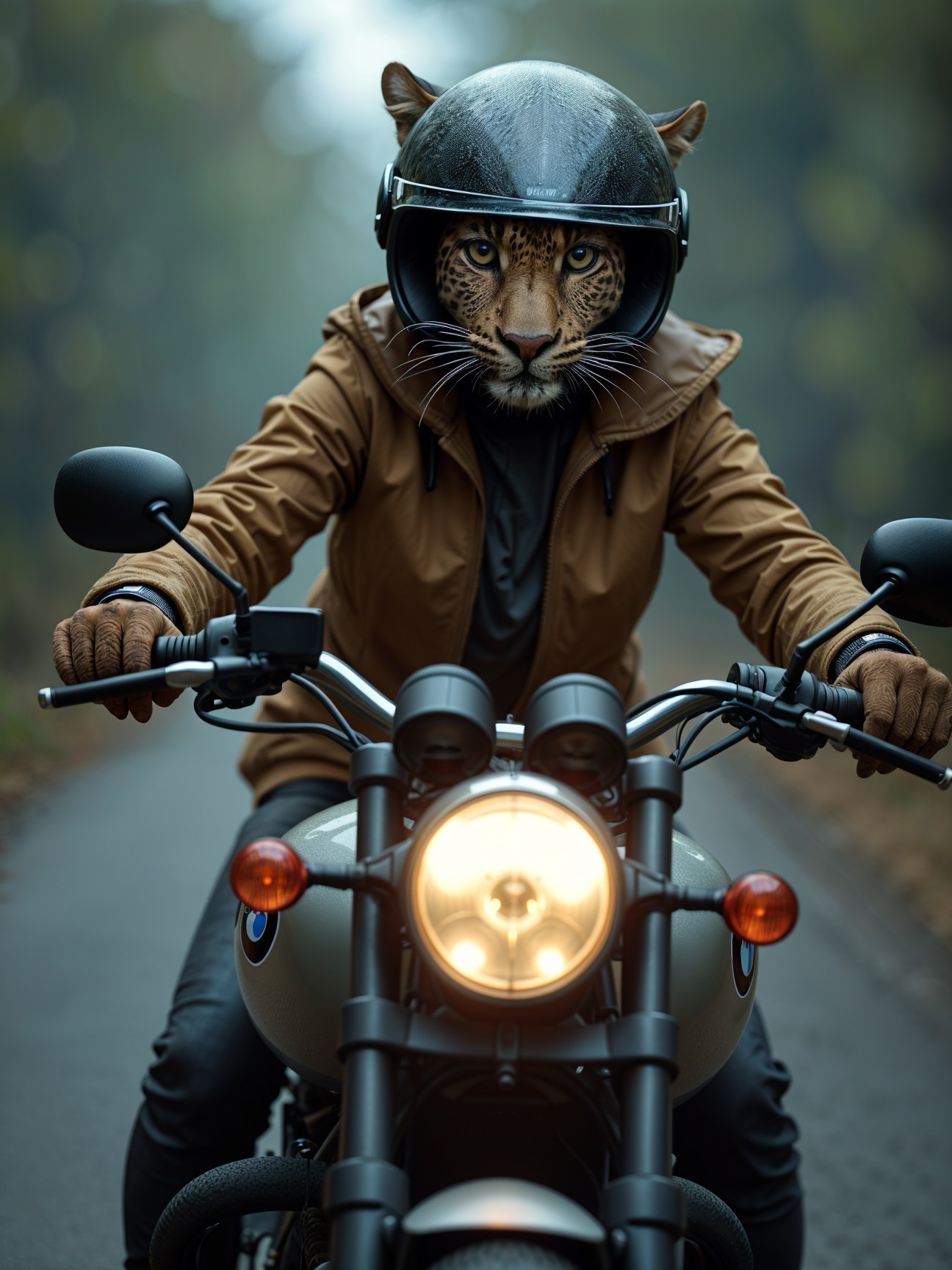 Motorcyclist with Leopard Head on Forest Road