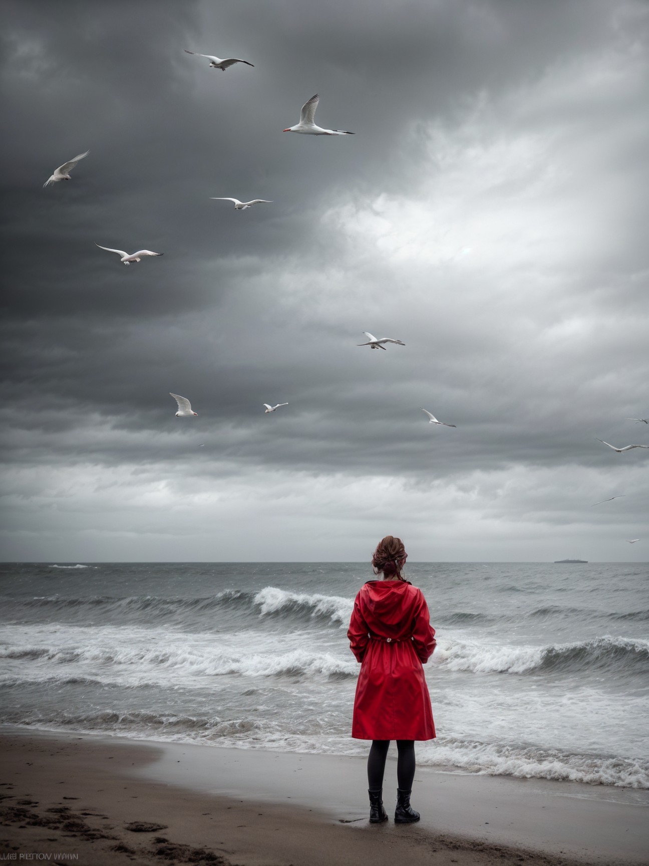 Figure in Red Coat at Stormy Beach with Dark Clouds