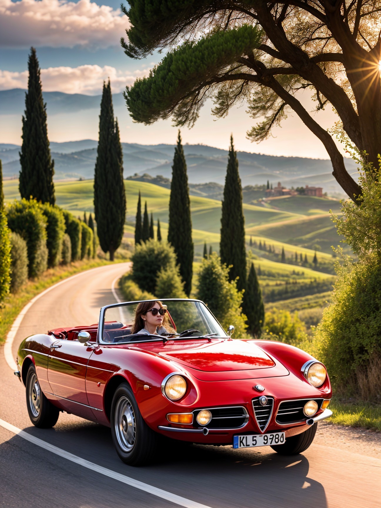 Red Convertible Car on Scenic Winding Road
