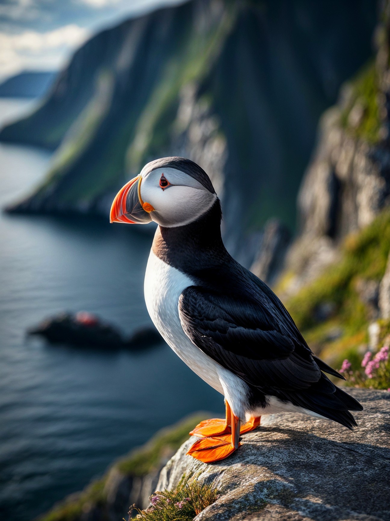 Puffin on Rocky Cliff with Ocean and Green Hills