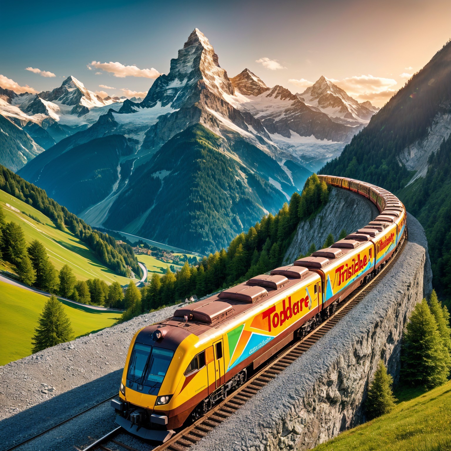 Vibrant Yellow Train in Scenic Mountain Landscape